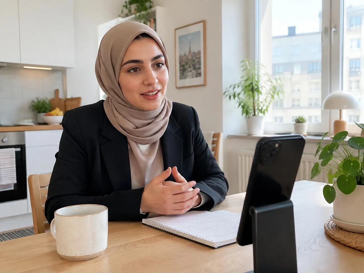Kandidat som gör en AI-intervju i mobilen vid köksbordet